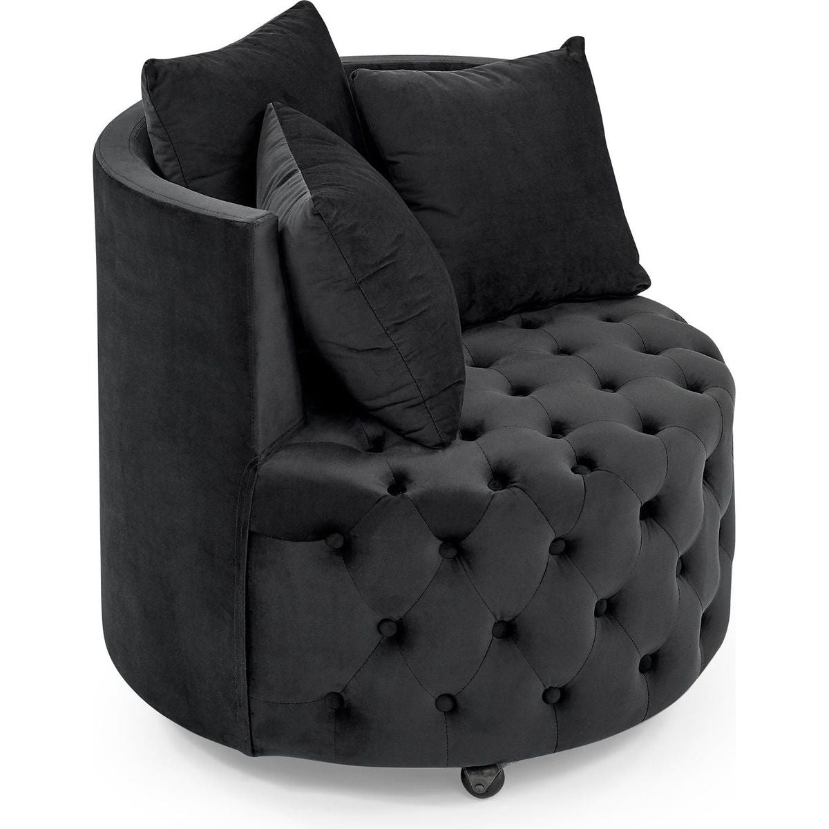 Velvet Upholstered Swivel Chair for Living Room, with Button Tufted Design and Movable Wheels, Including 3 Pillows, Black