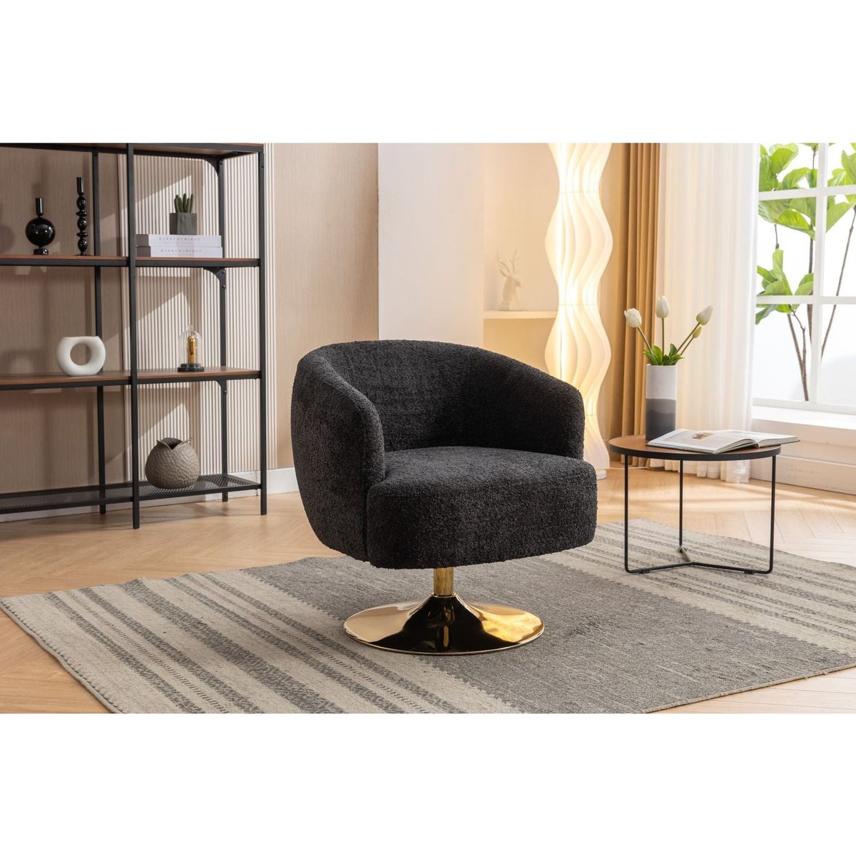 Chenille Fabric Accent Swivel Chair With Gold Metal Round Base,Black