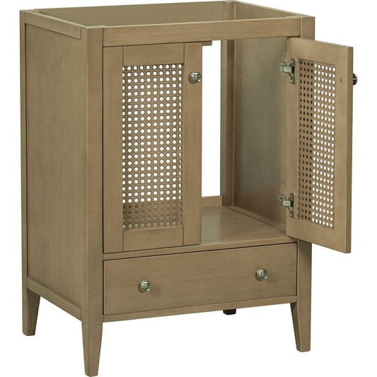 24" Bathroom Vanity without Sink, Base Only, Rattan Cabinet with Doors and Drawer, Solid Frame and MDF Board, Natural