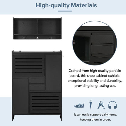 Multi-Functional Shoe Cabinet with Wall Cabinet, Space-saving Design Foyer Cabinet with 2 Flip Drawers, Versatile Side Cabinet for Hallway, Black