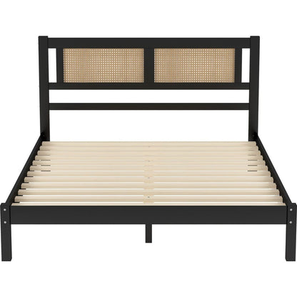 3-Pieces Bedroom Sets Queen Size Wooden Platform Bed with Natural Rattan Headboard, Nightstands Set of 2 with Rattan-Woven Surfaces and Three Drawers for Bedroom, Black