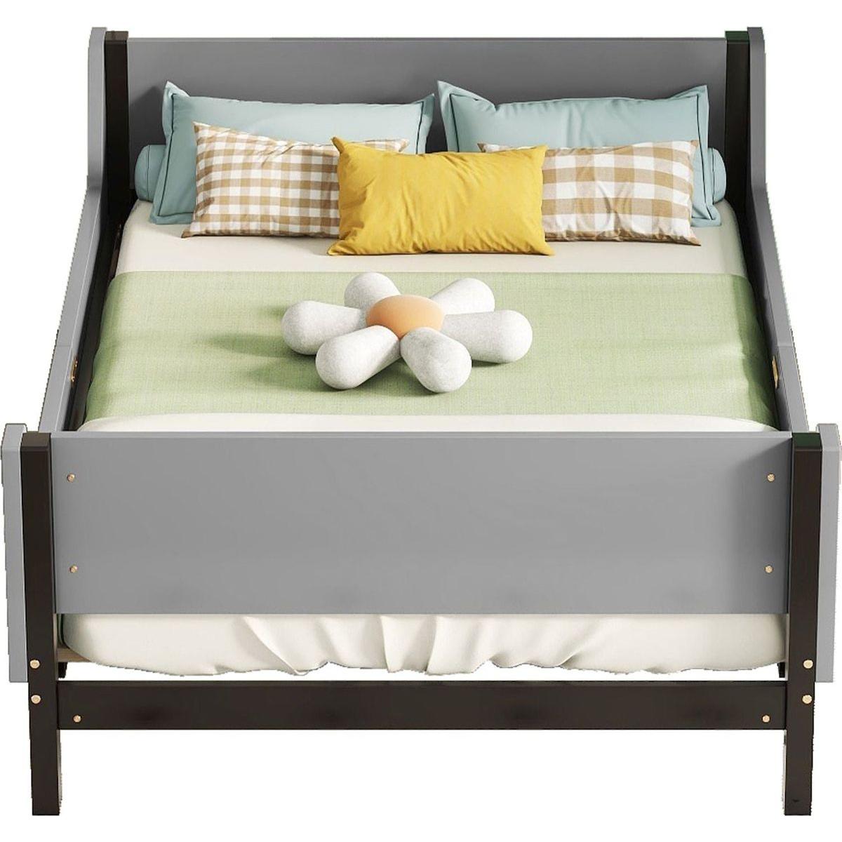 Twin Bed with Headboard, Footboard, Safeguards, Built-in Bed-end Book Storage Rack, Grey
