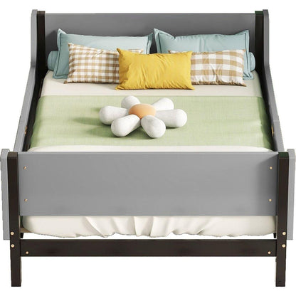 Twin Bed with Headboard, Footboard, Safeguards, Built-in Bed-end Book Storage Rack, Grey