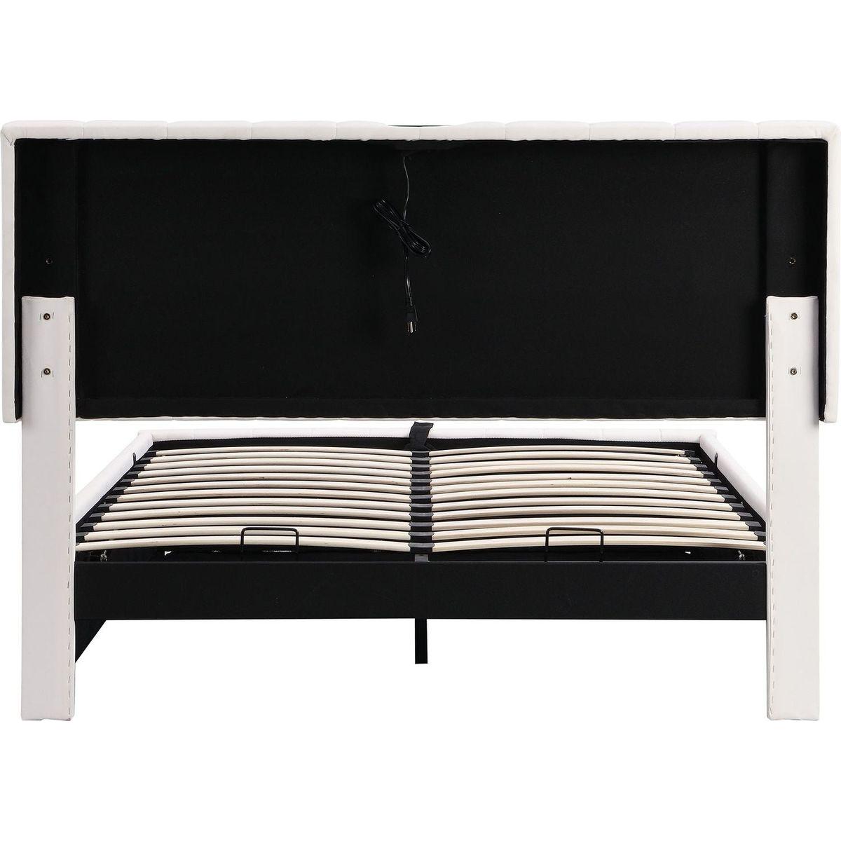 Full Size Upholstered Bed with Hydraulic Storage System and LED Light, Modern Platform Bed with Sockets and USB Ports, White