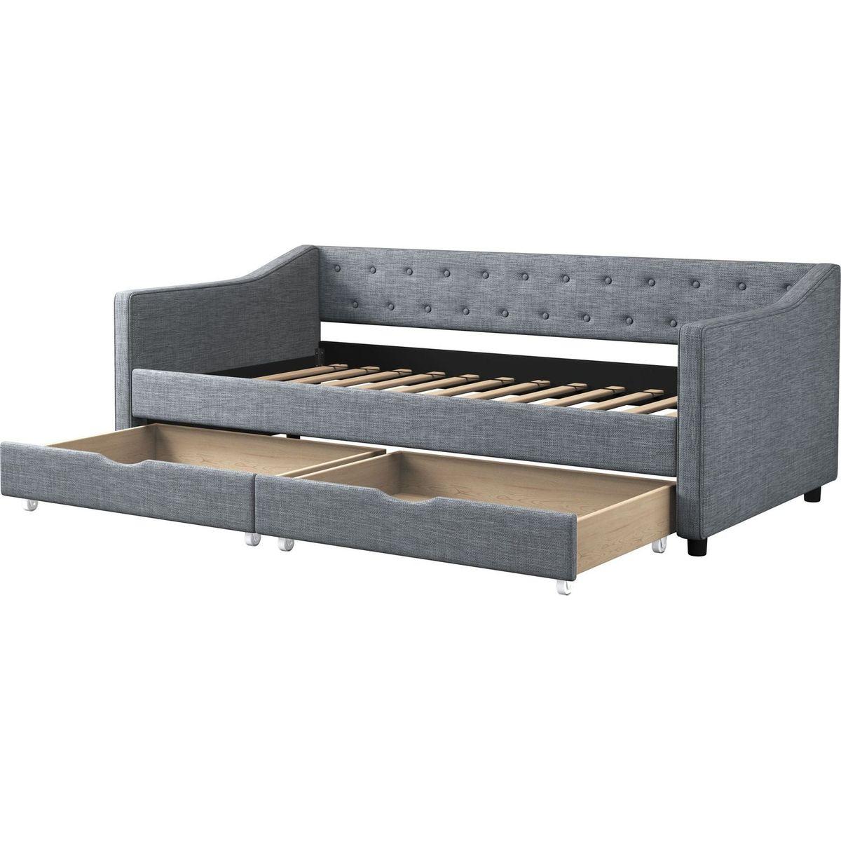 Twin Size Daybed with Drawers Upholstered Tufted Sofa Bed, with Button on Back and Piping on Waved Shape Arms-Light Grey
