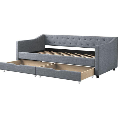 Twin Size Daybed with Drawers Upholstered Tufted Sofa Bed, with Button on Back and Piping on Waved Shape Arms-Light Grey