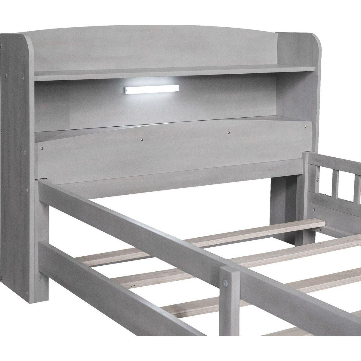 Wood Twin Size Platform Bed with Built-in LED Light, Storage Headboard and Guardrail, Antique Grey