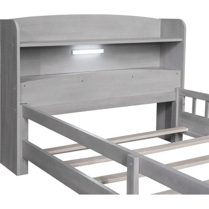 Wood Twin Size Platform Bed with Built-in LED Light, Storage Headboard and Guardrail, Antique Grey
