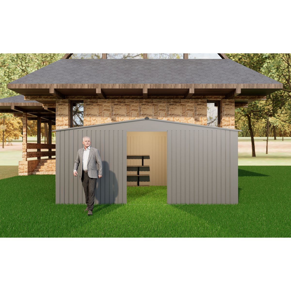 New Outdoor Storage Shed has two Functions: Metal shed and Firewood Shed 13 ft×11 ft ,Grey