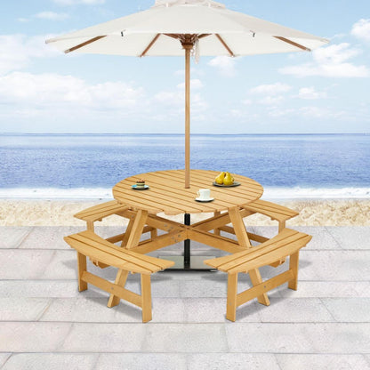 Outdoor 8 Person Picnic Table, 8 person Round Picnic Table with 4 Built-in Benches, Umbrella Hole, Outside Table and Bench Set for Garden, Backyard, Porch, Patio, Natural