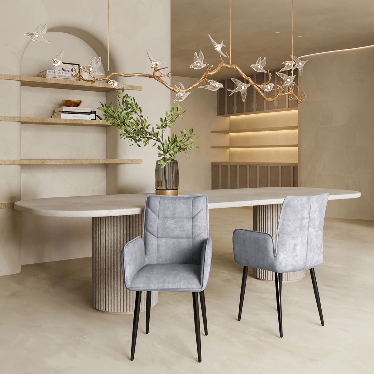 Modern Velvet Dining Chairs 2-Piece Set - Soft Cushioned Seats with Iron Frames in Mustard Light Gray