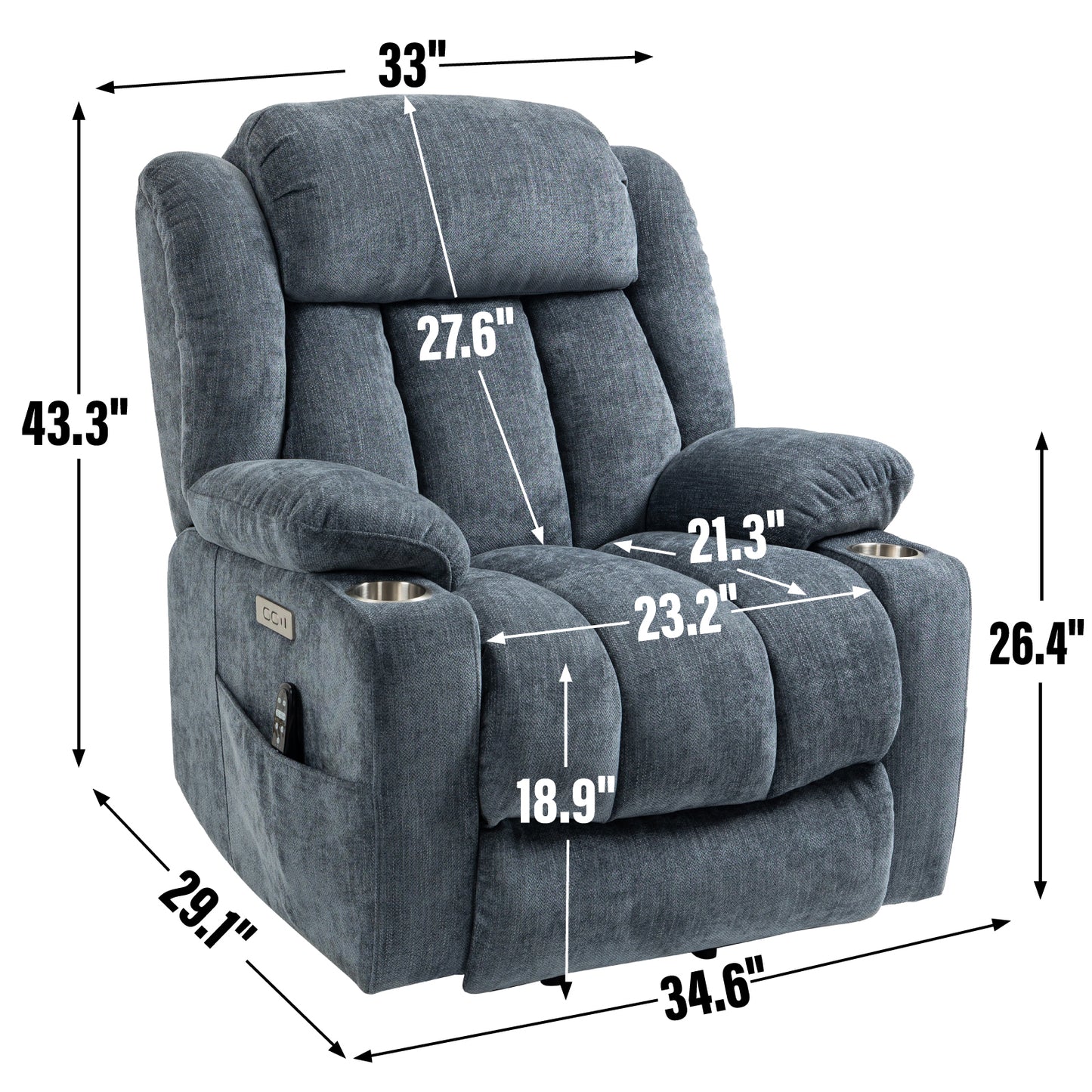 Up to 350 LBS Chenille Power Lift Recliner Chair, Heavy Duty Motion Mechanism with 8-Point Vibration Massage and Lumbar Heating, USB and Type-C Ports, Stainless Steel Cup Holders, Blue