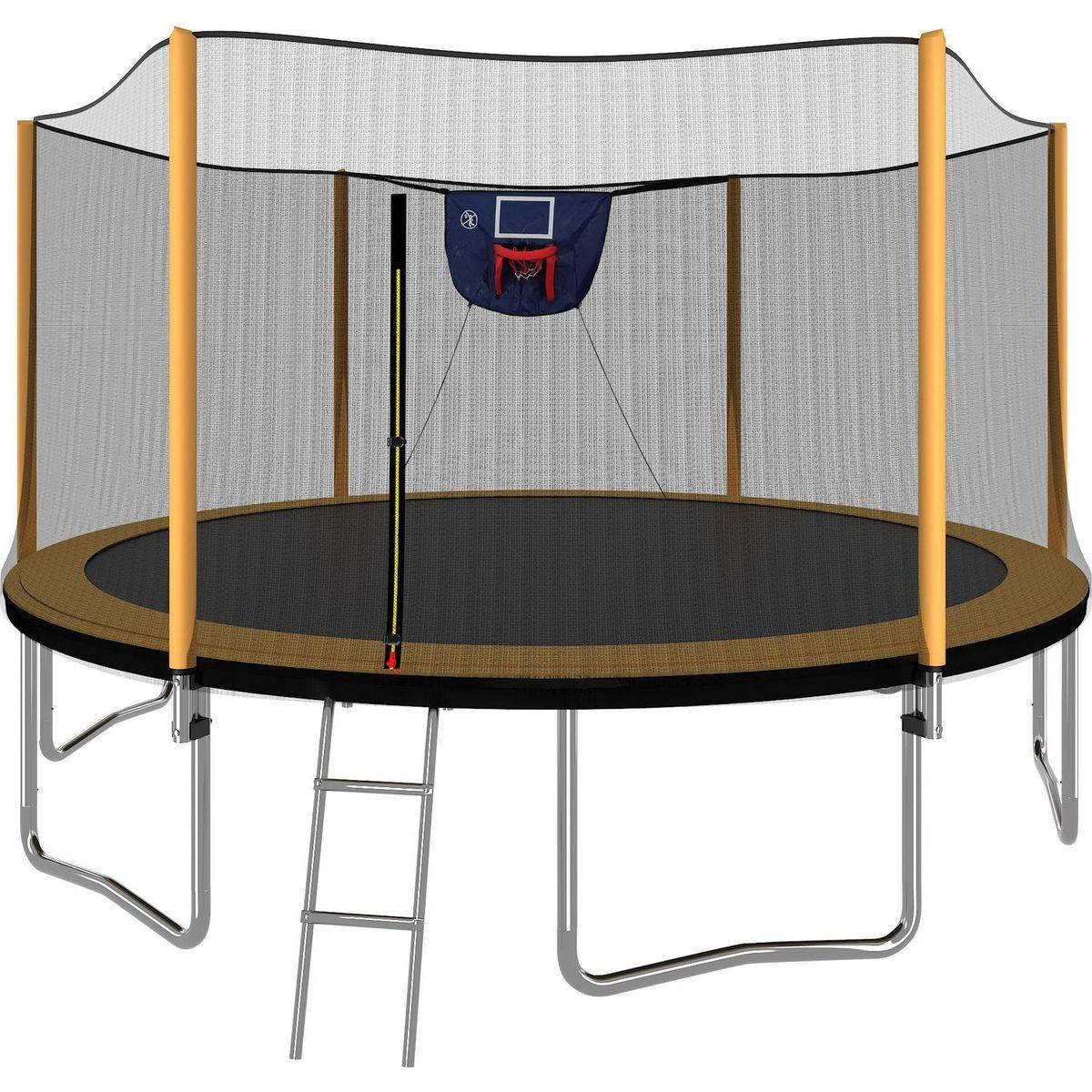 14FT Powder-coated Advanced Trampoline with Basketball Hoop Inflator and Ladder(Outer Safety Enclosure) Orange