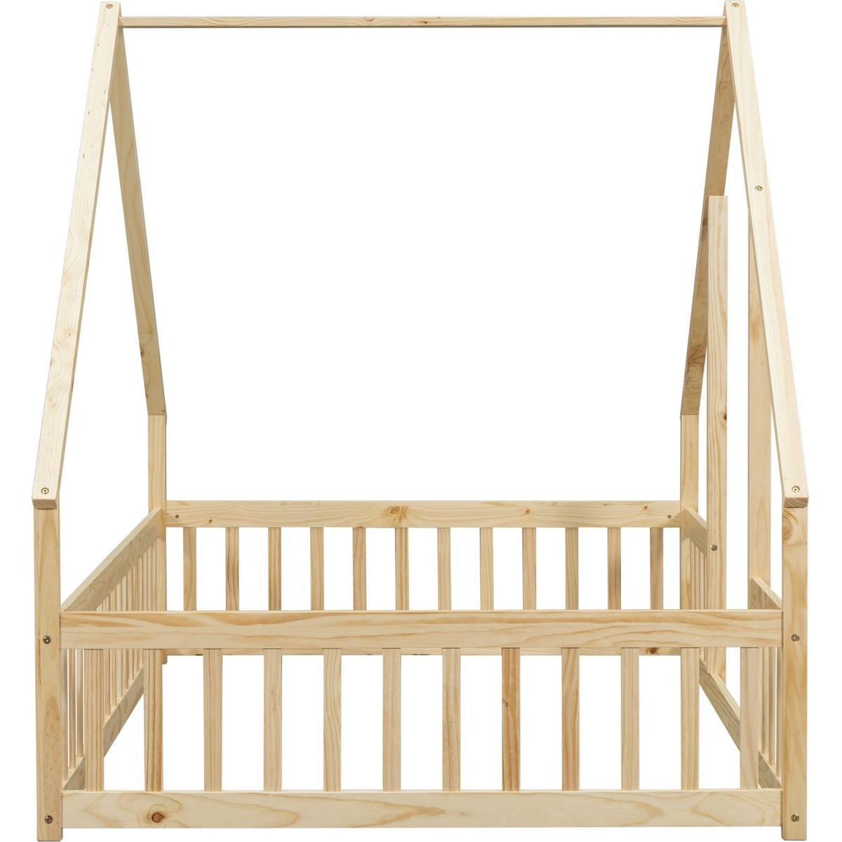 Full Wood House-Shaped Floor Bed with Fence, Guardrails,Natural