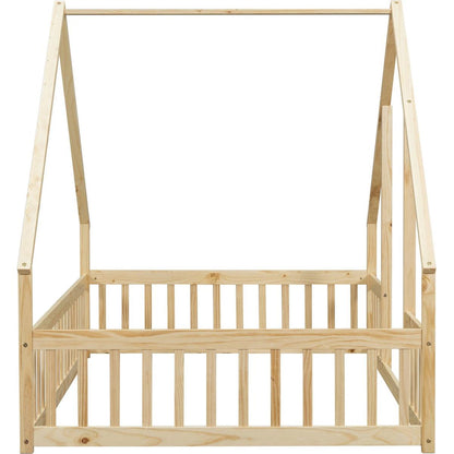 Full Wood House-Shaped Floor Bed with Fence, Guardrails,Natural