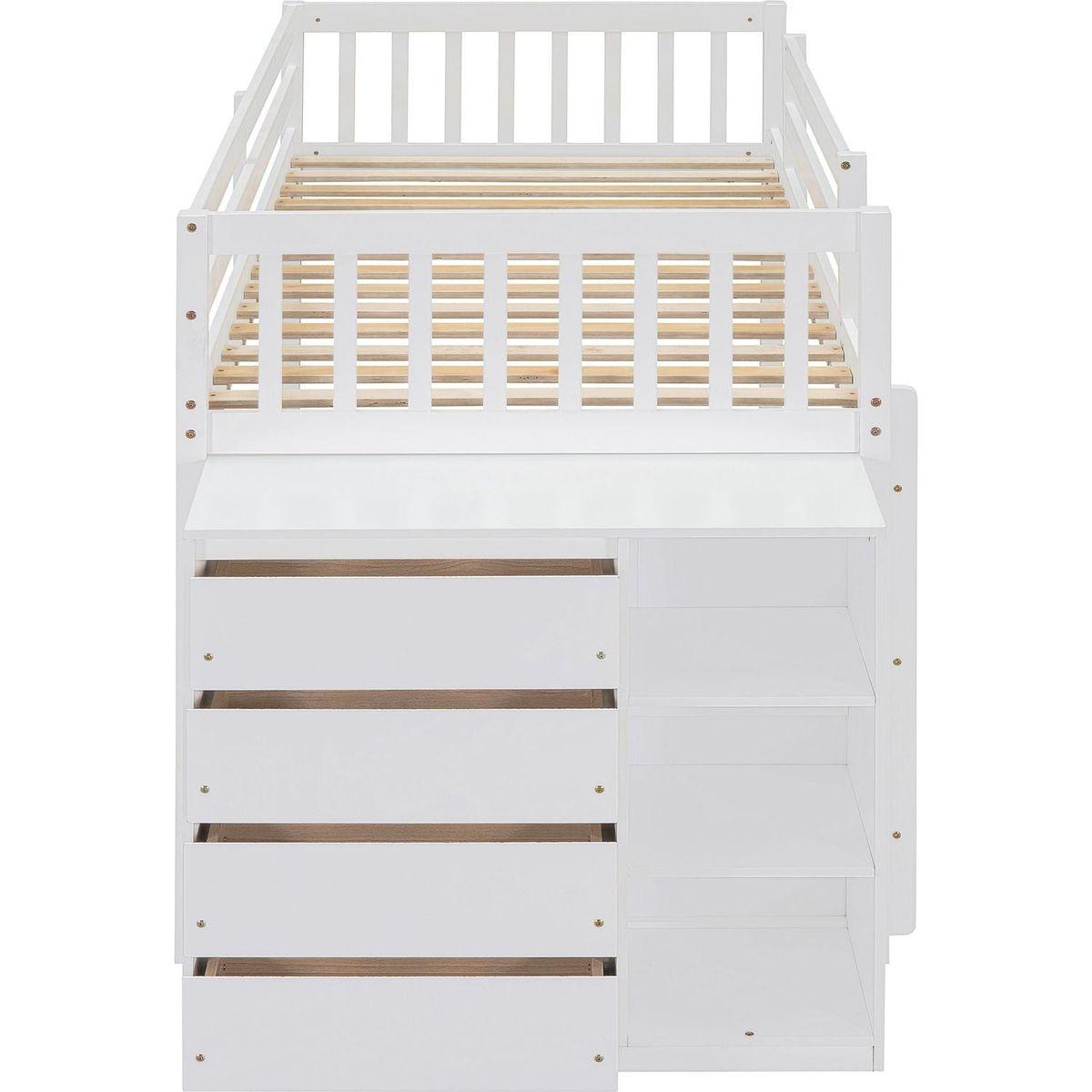 Twin over Twin Bunk Bed with 4 Drawers and 3 Shelves-White