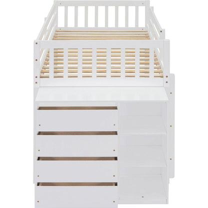 Twin over Twin Bunk Bed with 4 Drawers and 3 Shelves-White