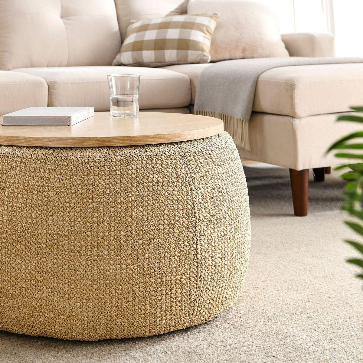 Round Storage Ottoman, 2 in 1 Function, Work as End table and Ottoman, Natural (25.5"x25.5"x14.5")