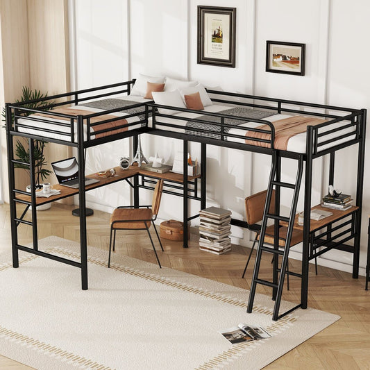 Twin Size Metal Loft Bed with Two Built-in Desks,Black