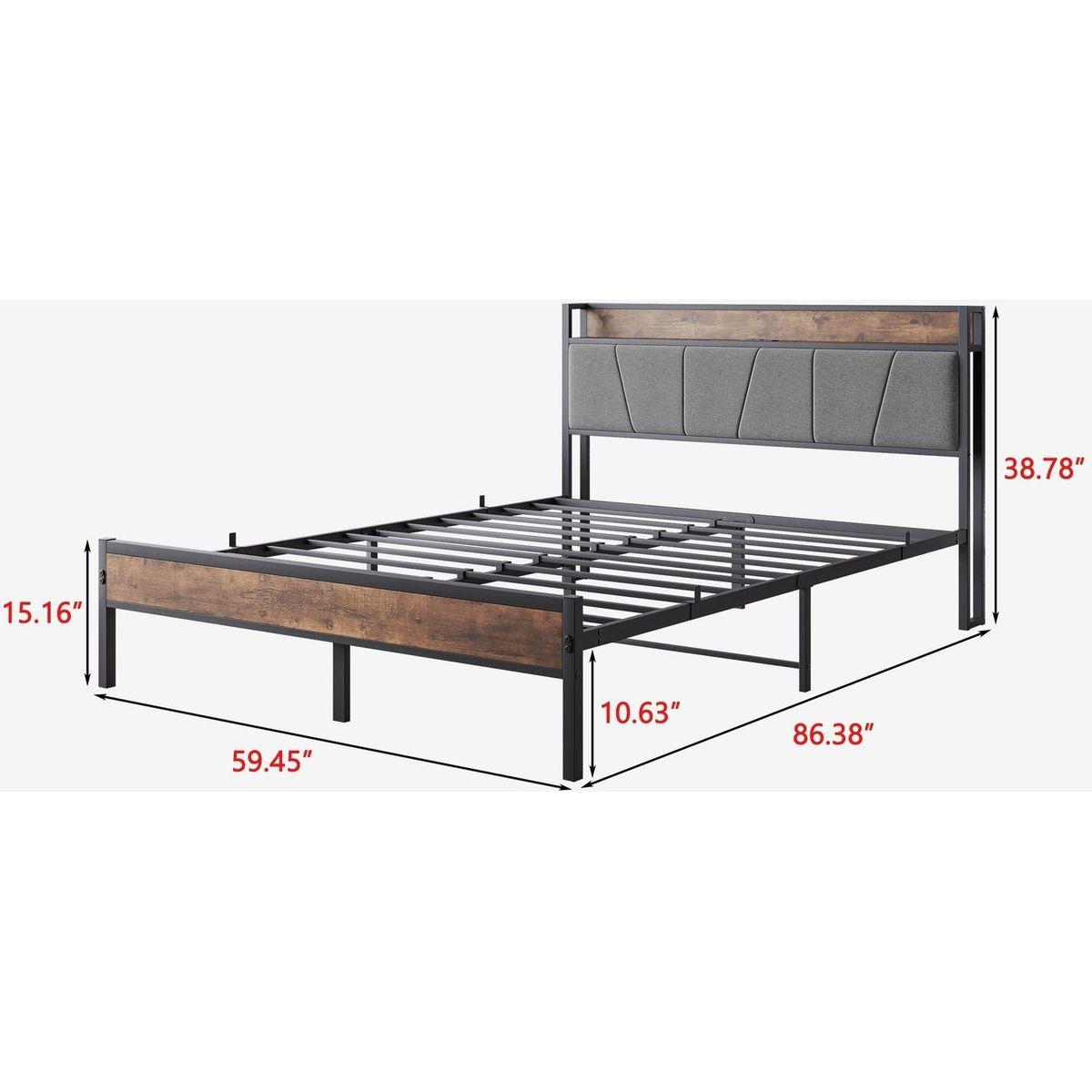 Queen Size Bed Frame, Storage Headboard with Charging Station, Solid and Stable, Noise Free, No Box Spring Needed, Easy Assembly, Vintage Brown and Gray