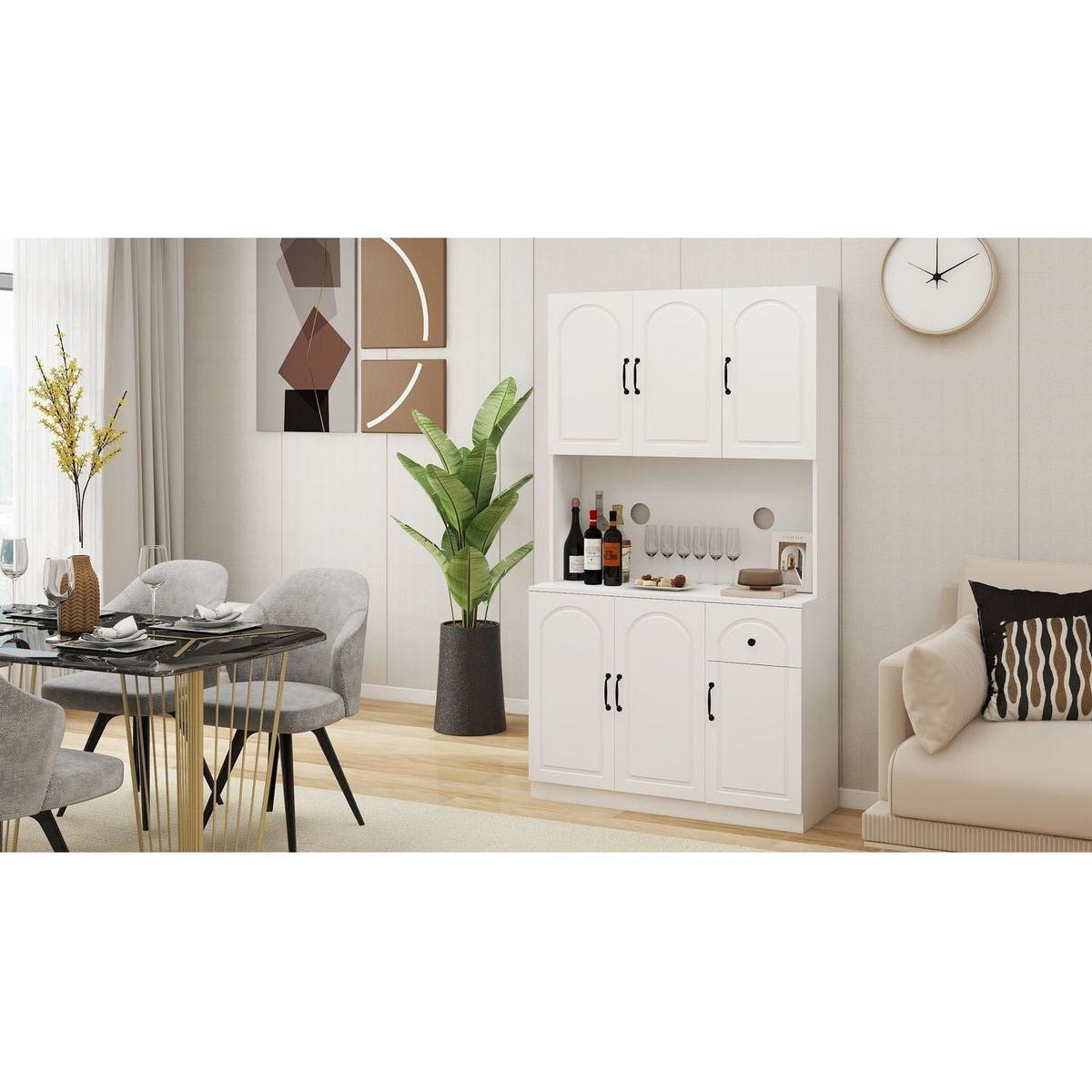 71" Kitchen Pantry Storage Cabinet with Microwave Oven Countertop, Freestanding Hutch Cabinet with Adjustable Shelves, 6 Doors and 1 Drawer-White
