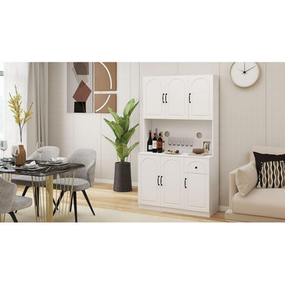 71" Kitchen Pantry Storage Cabinet with Microwave Oven Countertop, Freestanding Hutch Cabinet with Adjustable Shelves, 6 Doors and 1 Drawer-White