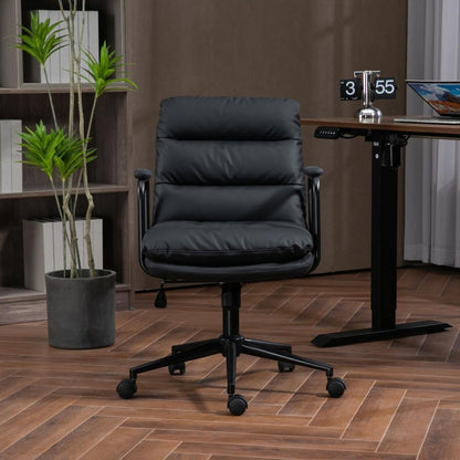 Office Chair,Mid Back Home Office Desk Task Chair with Wheels and Arms Ergonomic PU Leather Computer Rolling Swivel Chair with Padded Armrest,The back of the chair can recline 40 (Black)