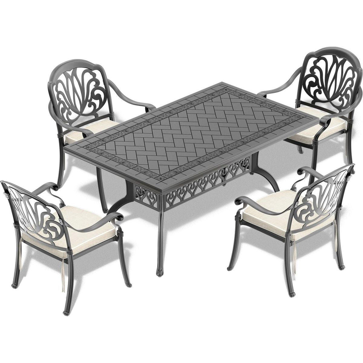 L59.05xW35.43-inch Cast Aluminum Patio Dining Table With Black Frame and Carved Texture on the Tabletop