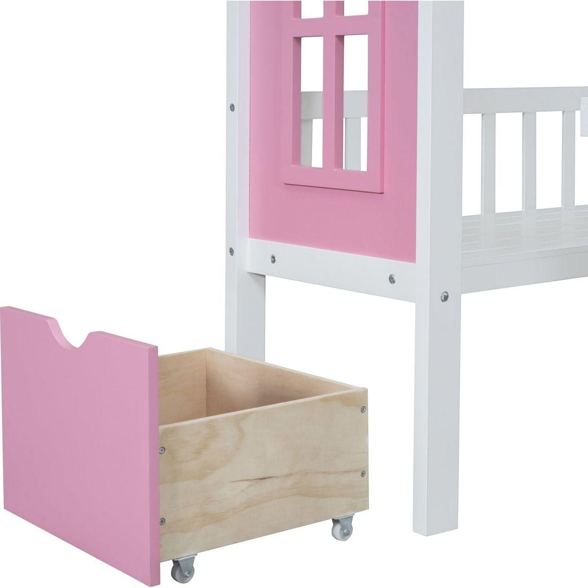 Twin-Over-Twin Bunk Bed with Changeable Table, Bunk Bed Turn into Upper Bed and Down Desk -Pink
