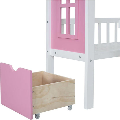 Twin-Over-Twin Bunk Bed with Changeable Table, Bunk Bed Turn into Upper Bed and Down Desk -Pink