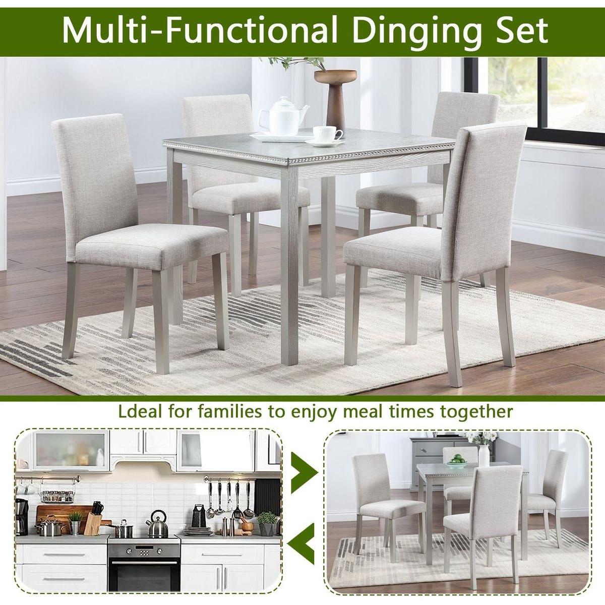 5 Piece Wooden Dining Table Set, Kitchen Table Set with a Square Table and 4 Upholstered Chairs, Wooden Dining Room Table with Crystal Decoration and Chairs Set for Kitchen, Dining Room, Gray