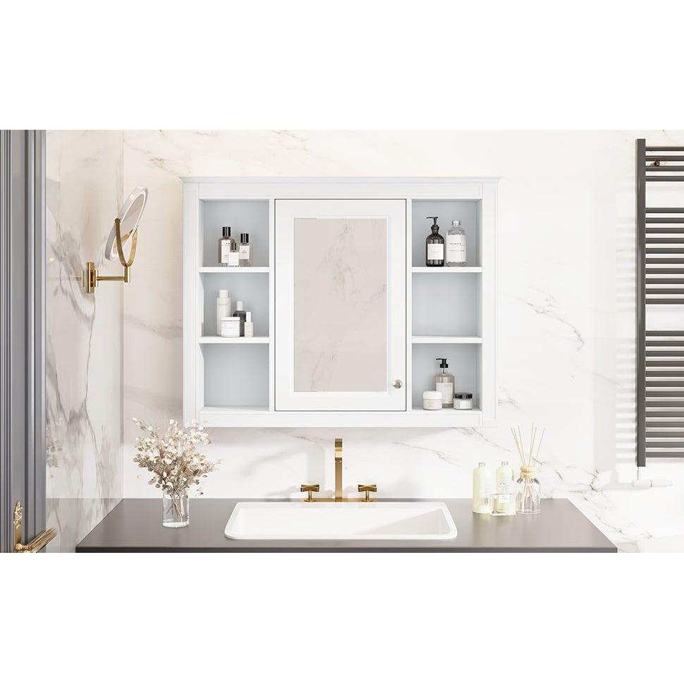 35" x 27.5" Medicine Cabinet, Wall Mounted Bathroom Storage Cabinet, Modern Bathroom Wall Cabinet with Mirror, Mirror Cabinet with 6 Open Shelves (Not Include Bathroom Vanity)