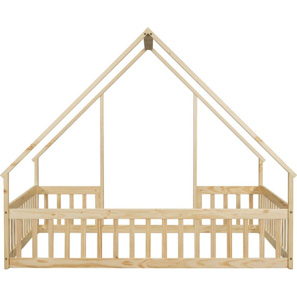 Full Wood House-Shaped Floor Bed with Fence, Guardrails,Natural