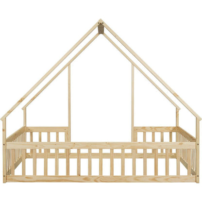 Full Wood House-Shaped Floor Bed with Fence, Guardrails,Natural