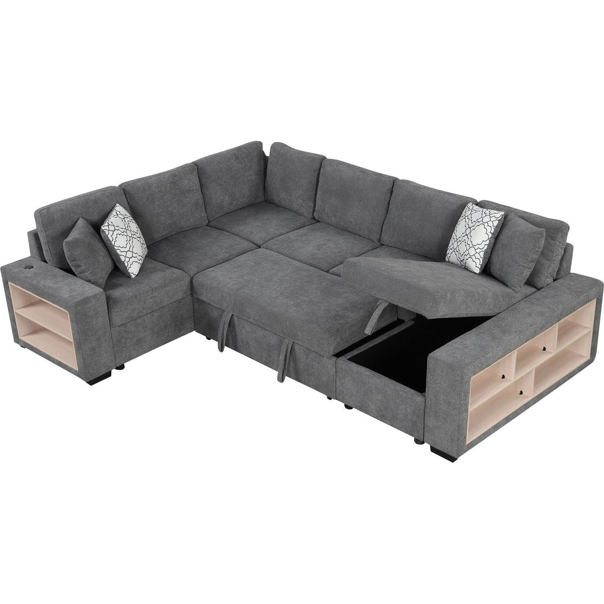 109" U-shaped Sectional Sofa Pull-out Sofa Bed with Two USB Ports, a Storage Chaise Lounge and Four Back Pillows for Living Room, Grey