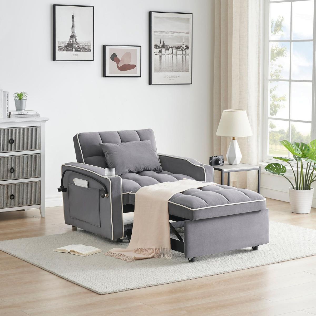 1 versatile foldable sofa bed in 3 lengths, modern sofa sofa sofa velvet pull-out bed, adjustable back and with USB port and ashtray and swivel phone stand dark grey