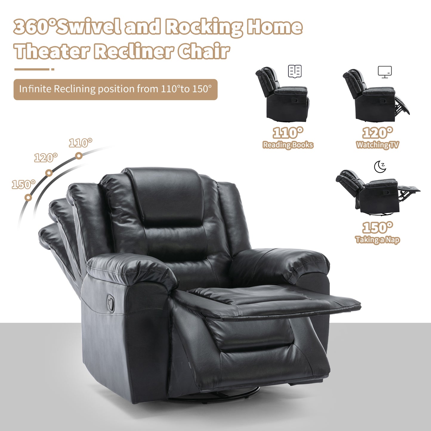 360Swivel and Rocking Home Theater Recliner Manual Recliner Chair with Wide Armrest for Living Room,Bedroom, Black