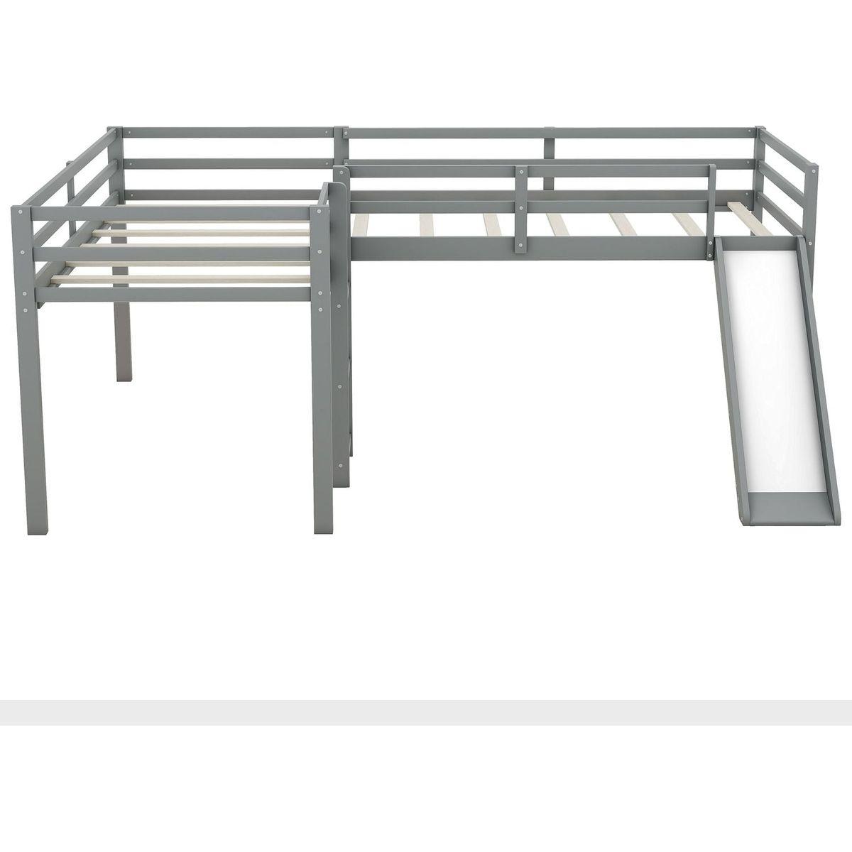 L-Shaped Twin Size Loft Bed with Ladder and Slide, Gray