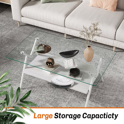 Rectangle Coffee Table with Tempered Glass top and White Metal Legs, Modern Table for Living Room, Transparent Glass