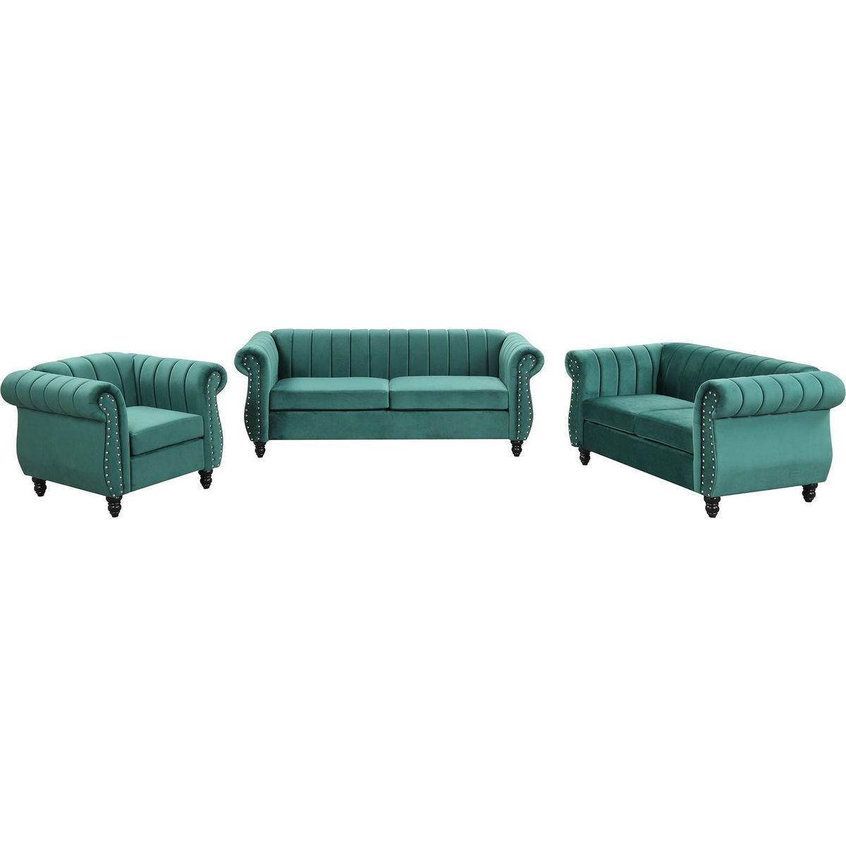 Modern three-piece sofa set with solid wood legs, buttoned tufted backrest, frosted velvet upholstered sofa set including three-seater sofa, double seater and living room furniture set Single chair