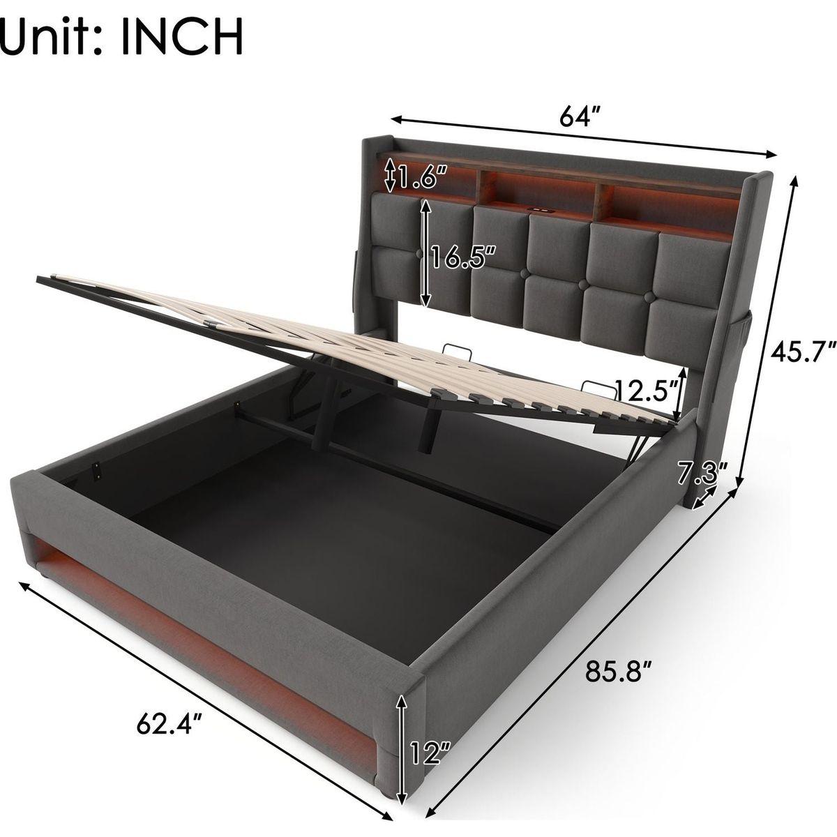Queen size Upholstered Platform bed with a Hydraulic Storage System, LED  and USB Charging, Grey (without mattress) – Streamdale Furniture, image size:1200x1200