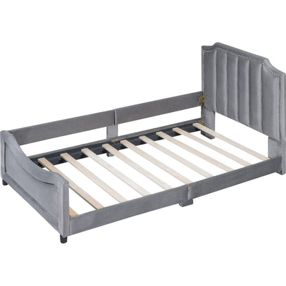 Twin Size Upholstered Daybed with Classic Stripe Shaped Headboard, Gray