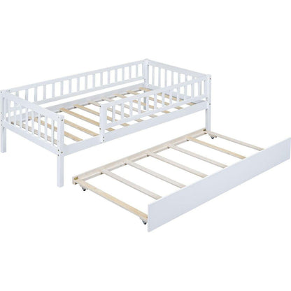 Twin Size Wood Daybed with Trundle and Fence Guardrails, White