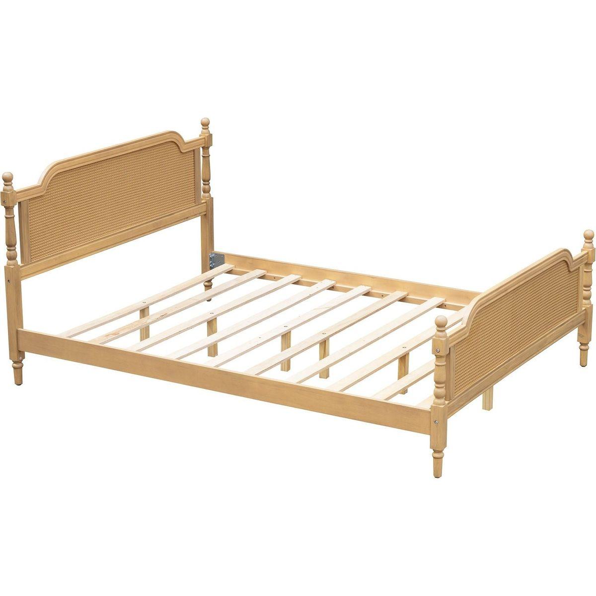Traditional Style Rattan Queen Size Bed Frame,No Box Spring Needed,Antique Walnut