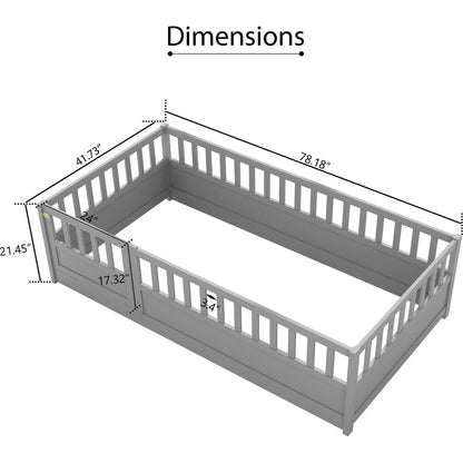 Twin Size Floor bed, integral construction with super high security barrier, door, children's floor bed frame, Montessori wooden children's floor bed, Grey
