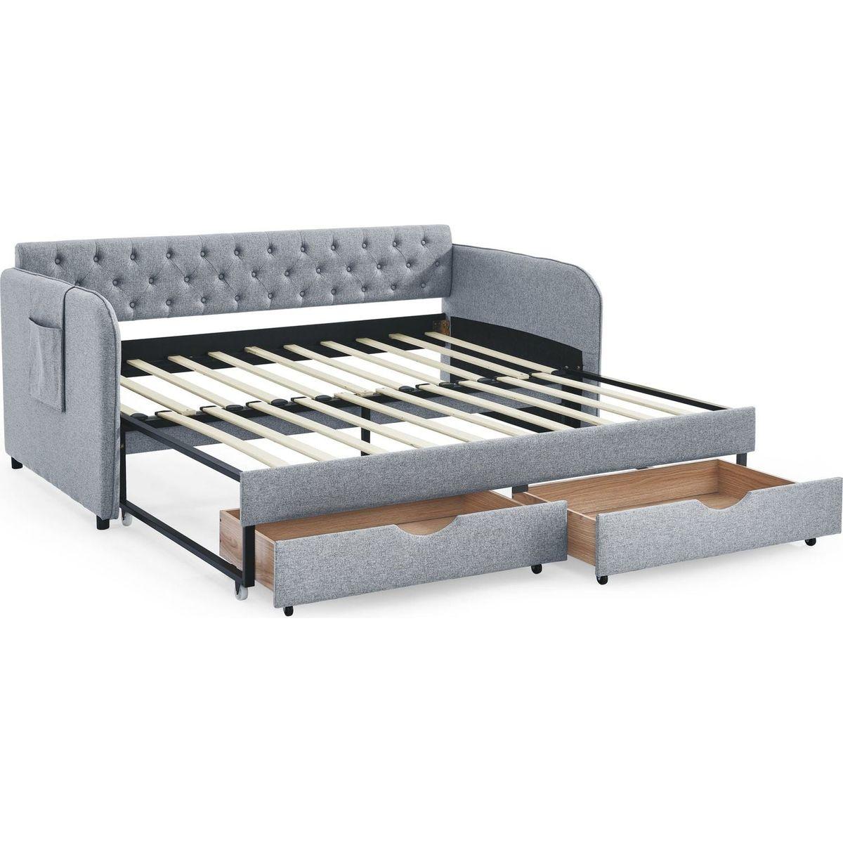 Twin Size Upholstery Daybed with Trundle Bed and Two Storage Drawers , Flat Arms with Pocket, Extendable Daybed for Bedroom Living Room,Linen Grey
