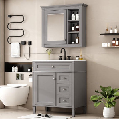 30" Bathroom Vanity with Top Sink, Modern Bathroom Storage Cabinet with 2 Drawers and a Tip-out Drawer, Freestanding Vanity Set with Mirror Cabinet, Single Sink Bathroom Vanity