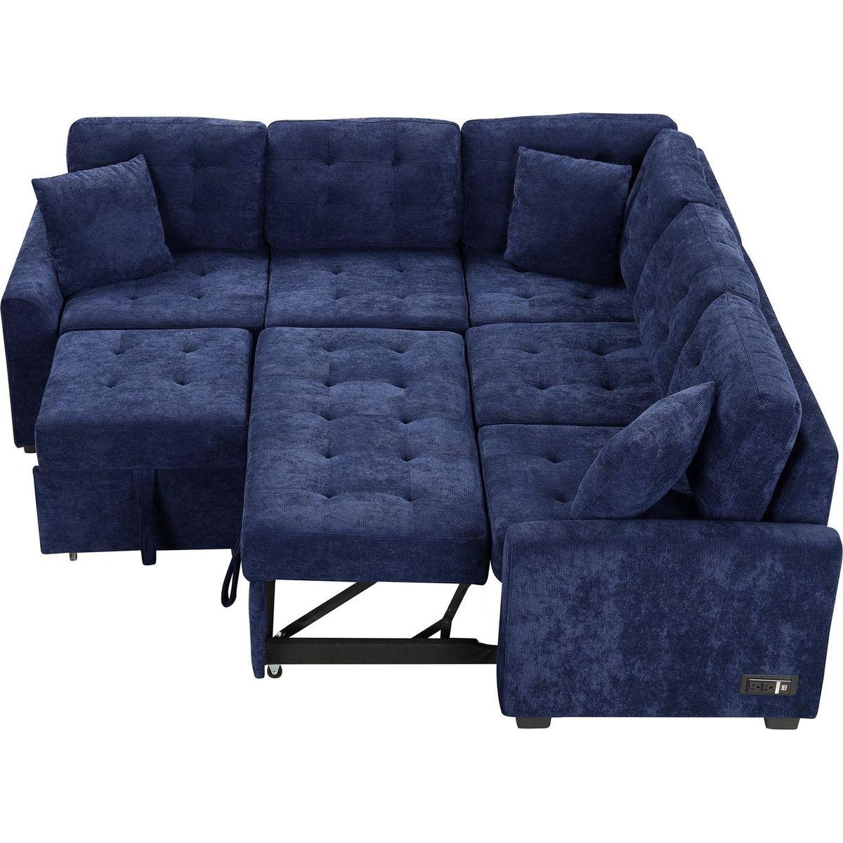 82.6" L-shape Sofa Bed Pull-out Sleeper Sofa with Wheels, USB Ports, Power Sockets for Living Room, Navy Blue