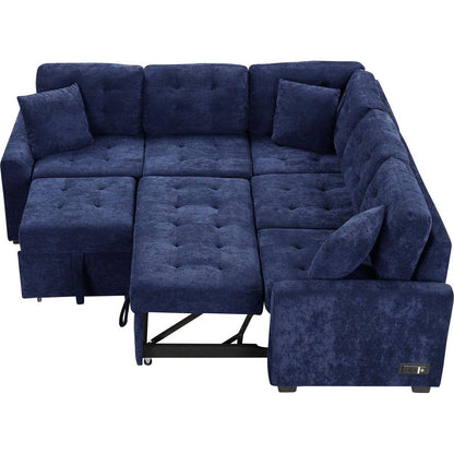 82.6" L-shape Sofa Bed Pull-out Sleeper Sofa with Wheels, USB Ports, Power Sockets for Living Room, Navy Blue