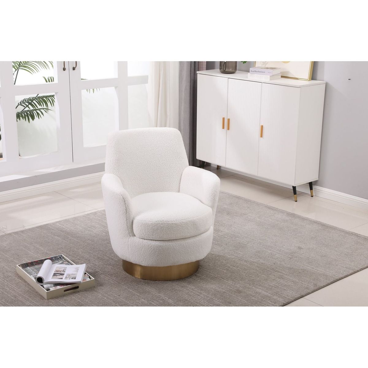 Teddy Swivel Barrel Chair, Swivel Accent Chairs Armchair for Living Room, Reading Chairs for Bedroom Comfy, Round Barrel Chairs with Gold Stainless Steel Base (Ivory)